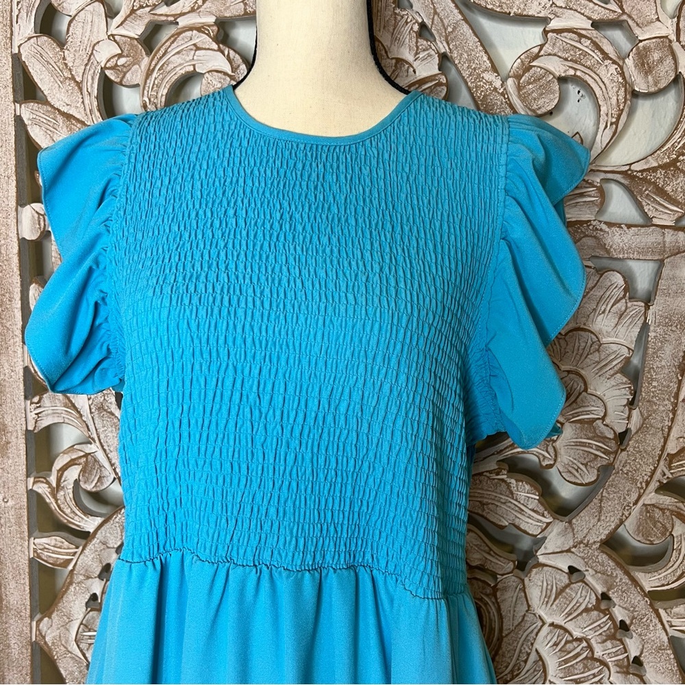 NWOT Michelle McDowell Teal Smocked Ruffle Sleeve Midi Dress w Pockets Sz XL - Picture 3 of 7